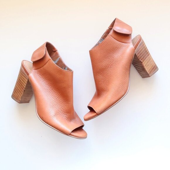 Matisse Tan Leather Peep-Toe Stacked Block Heel Bootie Shoes Size 7 - Picture 1 of 16